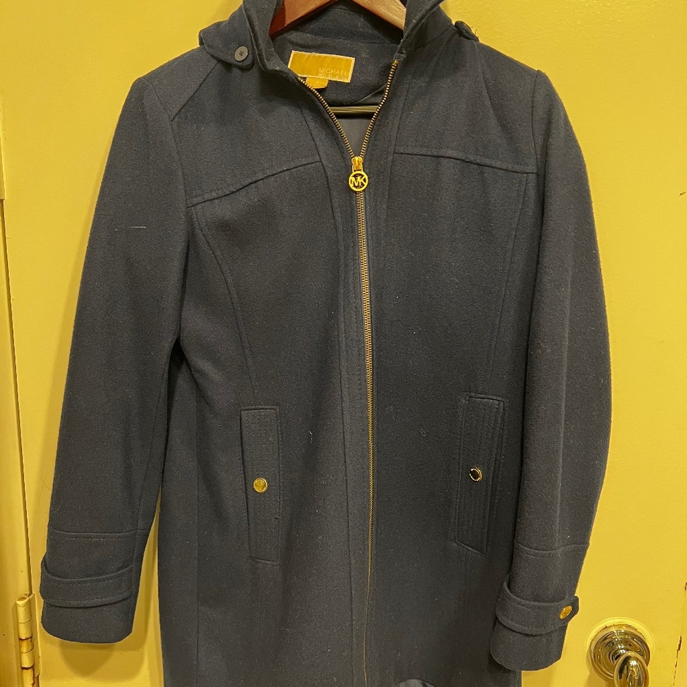 Navy pea coat with hood